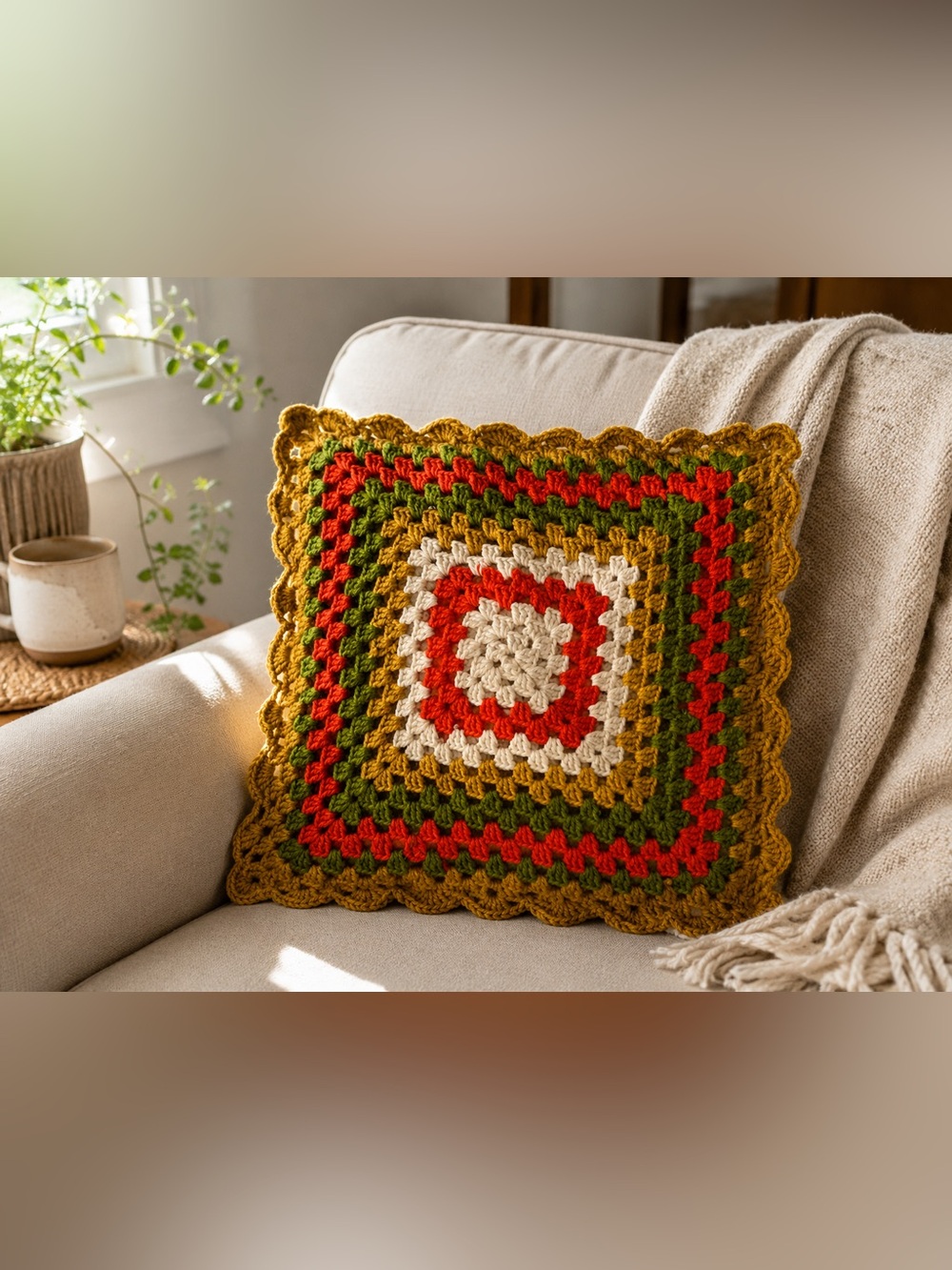 Vintage Handmade Crochet Granny Square Throw Pillow Cover 17x17 Boho Retro Decor